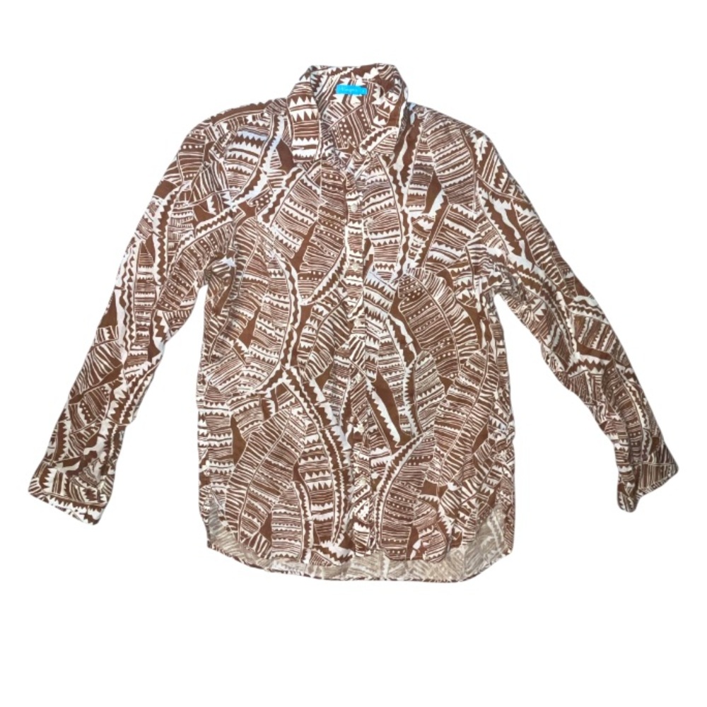J. McLaughlin Brown and White Leaf-Print Button-Down Blouse